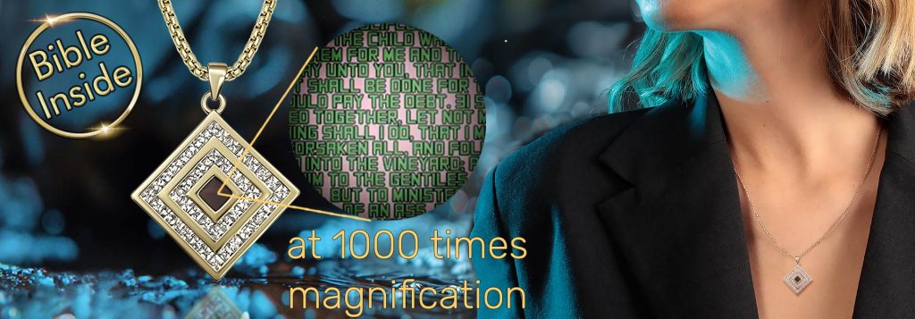 Intricate Bible and jewelry fusion showcasing miniature scripture engravings by My Nano Jewelry